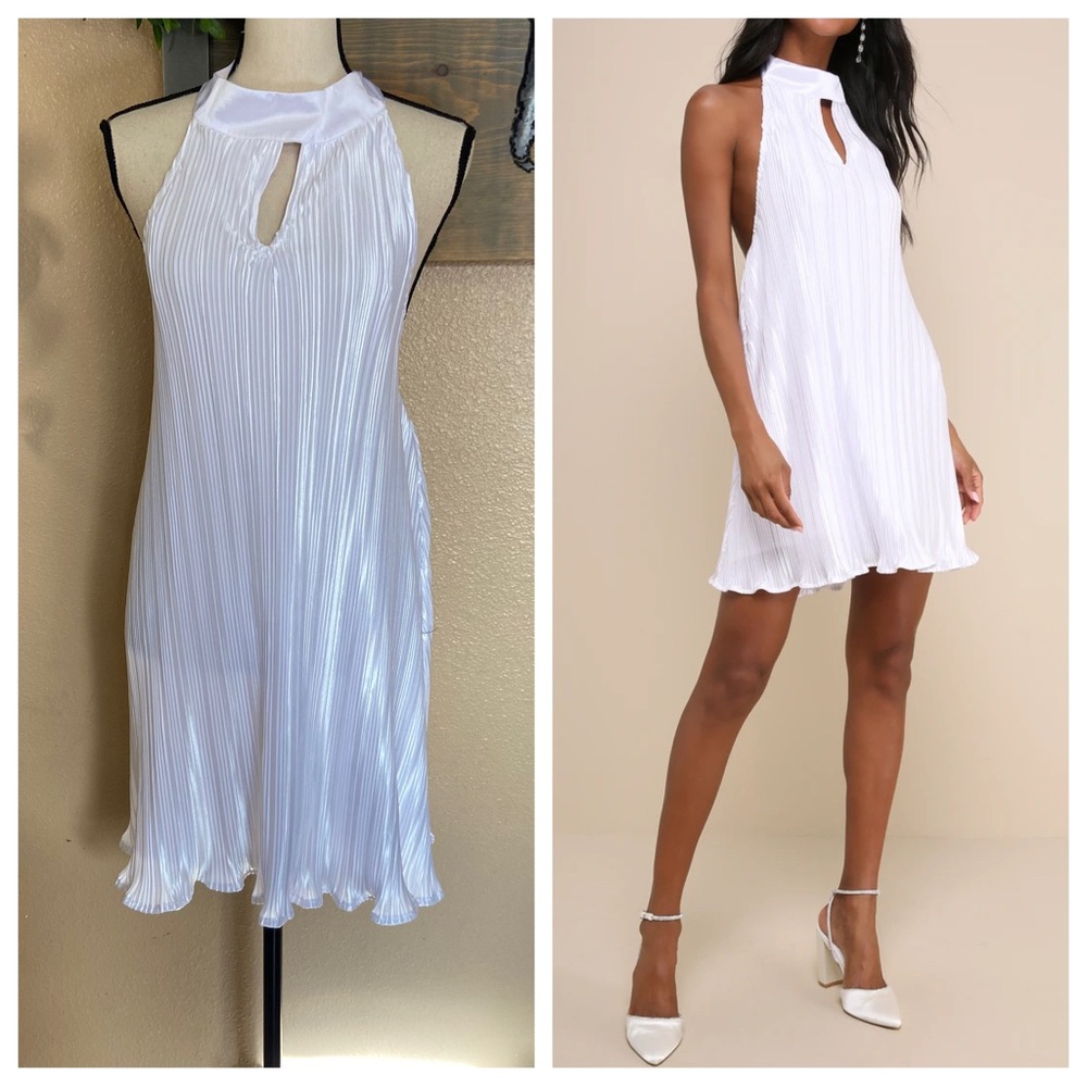 NWOT Lulus Pretty Aura White Satin Plisse Mock Neck Mini Swing Dress